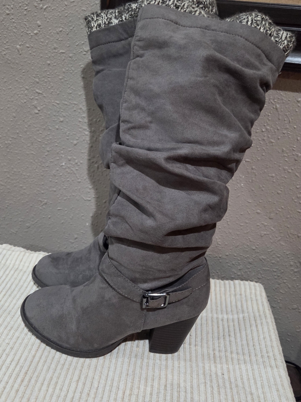 Gray Slouchy Mid-Calf Heeled Boots with Buckle